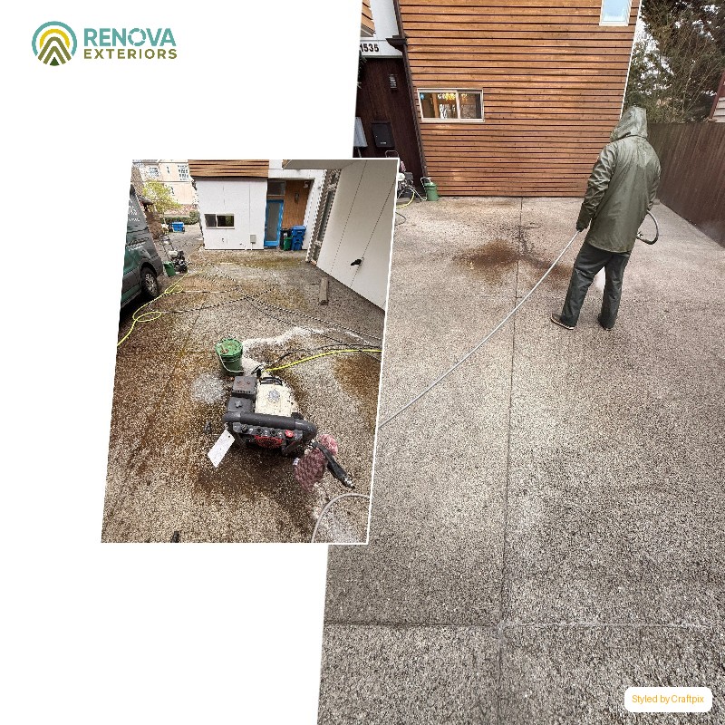 Renova Exteriors crew pressure washing a Bellevue-area driveway, removing moss and algae buildup from concrete